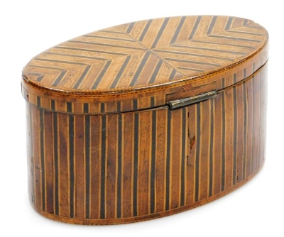 An early 19thC oval boxwood ebony and mahogany tea caddy, with chequer banded borders, the hinged lid enclosing a vacant interior, 11cm high, 20cm wide, 11cm deep. (AF) - 2