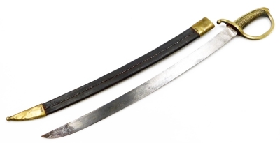 A 19thC French cavalry sabre, with leather and brass scabbard, brass grip and guard, the blade stamped Nolte, 75cm long. - 2