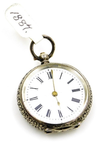 A late 19thC Swiss pocket watch, open faced, key wind, the case stamped 0.935, with a white enamel dial with Roman numerals, 3.5cm diameter.