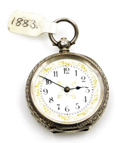 A late 19thC Swiss white metal pocket watch, open faced, key wind, the case engraved with arches, leaves, flower heads, etc., around a vacant cartouche, the white and gilt dial with Arabic numerals, the case stamped 0.935, 4.5cm diameter.