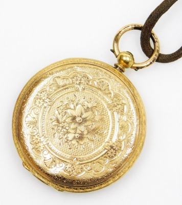 An 18ct gold pocket watch, with a floral hammered dial, and Roman numeric outer dial with black hands, key wind, with Swiss movement, 40.3g all in. - 3