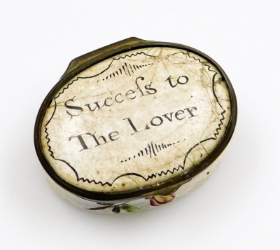 An early 19thC Staffordshire enamelled oval box, painted to the lid 'Success To The Lover', 4.5cm diameter. - 2