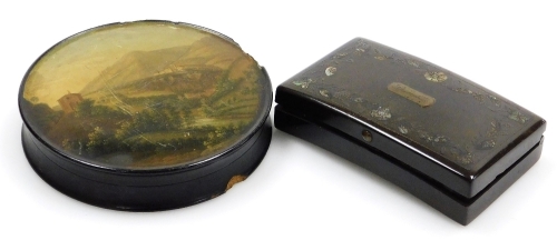 A papier mache circular box, painted with a Continental landscape, 9.5cm diameter (AF), and a continental snuff box with piquet decoration, the lid decorated with mother of pearl flowers and cartouche engraved with the name Spinetto, 9cm wide.