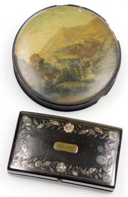 A papier mache circular box, painted with a Continental landscape, 9.5cm diameter (AF), and a continental snuff box with piquet decoration, the lid decorated with mother of pearl flowers and cartouche engraved with the name Spinetto, 9cm wide. - 2