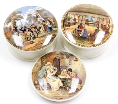 Three Victorian pottery pot lids, comprising Village Wedding, The Room in Which Shakespeare Was Born, and The Best Card. (3,1 AF)