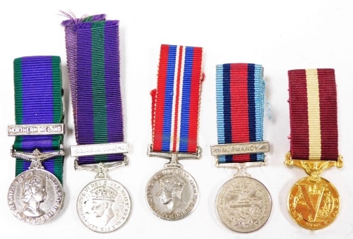 Miniature medals, comprising 1939-45 War Medal, George VI General Service Medal with South East Asia clasp 1945-6, Normandy Campaign Medal, Peace Veterans Medal and Elizabeth II General Service Medal with Northern Ireland clasp. (5)