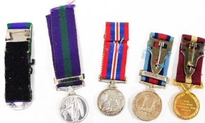 Miniature medals, comprising 1939-45 War Medal, George VI General Service Medal with South East Asia clasp 1945-6, Normandy Campaign Medal, Peace Veterans Medal and Elizabeth II General Service Medal with Northern Ireland clasp. (5) - 2