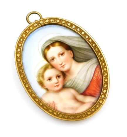 A 19thC Meissen porcelain miniature of The Sistine Madonna, after Raphael, showing the Madonna holding the Christ child, in an oval gilt metal frame, 6cm x 4.2cm.