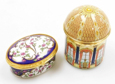 An enamelled circular music box for the music room at Buckingham Palace, playing Voi Che Sapete from Mozart's the Marriage Of Figaro, limited edition number 236/250, 7.5cm high, four porcelain lidded boxes, and a Reid's Palace pin tray, 11.5cm wide. - 6