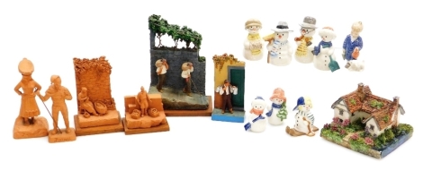 A Glebe Chelsea England cottage, 9.5cm wide, various Copenhagen Collections of Christmas and snowman figures, 7cm high, Portuguese terracotta souvenir figures, etc. (1 tray)