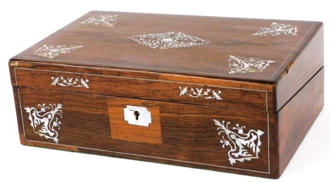 A Victorian rosewood and mother of pearl inlaid writing box, the hinged lid enclosing a fitted interior with later leather inset, inkwells, etc., 35cm wide. (AF)