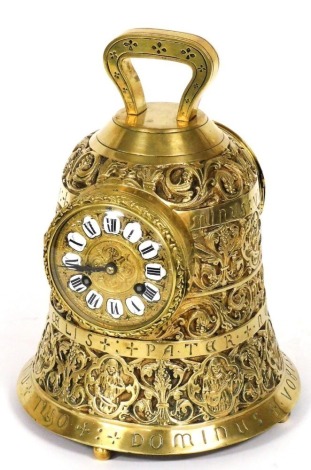 A late 19thC French liturgical brass bell shaped clock, the brass dial bearing enamel Roman numeral, eight day movement, stamped EP Depose, with coil strike, the case cast with figures, scrolls, leaves, and a Latin blessing from the Vulgate, 31cm high.