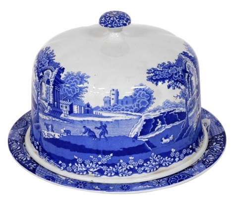 A Spode printed blue and white Italian pattern circular cheese dome, black printed mark to underside, shape design indistinct, 28cm diameter.