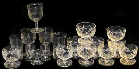 Three large 19thC cut glass wine glasses, 15cm high (AF), six cut glass dessert bowls, four similar heavy cut glass bowls, two beakers, a pair of dwarf glasses, 8.5cm high, and a cut glass salt, 7cm high. (a quantity)