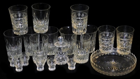 Eight tall cut glass tumblers, 10.5cm high, and six cut glass liqueur tots, 5cm high, a late Victorian shallow glass circular bowl, with notched rim and etch decoration, 18cm diameter, and other glassware. (a quantity)