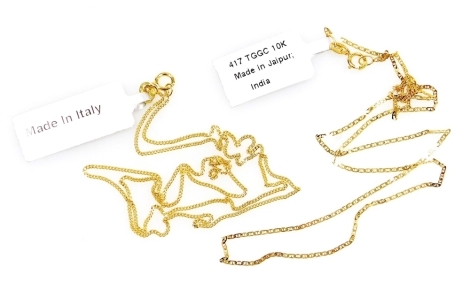 Two fine link neck chains, yellow metal stamped 10k, 42cm and 32cm long, 2.4g all in.