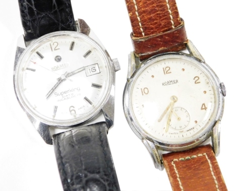 Two Roamer gentleman's wristwatches, comprising a 1940's/50's stainless steel cased wristwatch, on a brown leather strap, together with another Roamer Superking date ink block 17, on a silvered dial, with date aperture, in a stainless steel case, on black