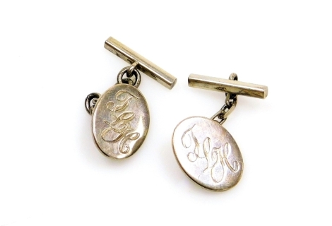 A pair of silver cufflinks, with oval shield bearing the initials TLH, with chain link and bar back, 9.7g all in, boxed.