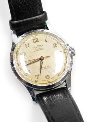 A Derrick gentleman's stainless steel cased wristwatch, with fifteen jewelled movement, dial 3cm diameter, on a brown leather strap.