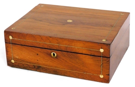 A Victorian rosewood workbox, brass strung, and with mother of pearl inlay, the hinged lid opening to reveal a fitted interior tray, 30cm wide.