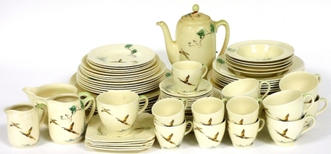 A Royal Doulton The Coppice pattern part dinner and tea service, printed marks, including soup plates, dessert bowls, coffee pot, tea cups, saucers and plates (a quantity)