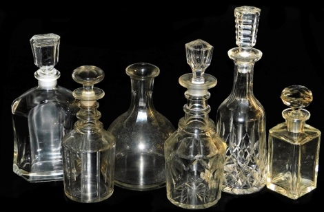 Victorian and later decanters and stoppers, to include cut glass examples, 19thC triple ring neck with mushroom shaped stopper, etc. (6)