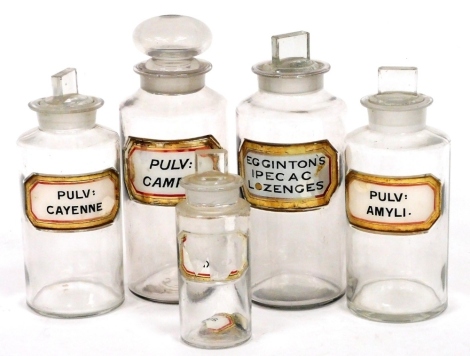 Five 19thC chemist's jars, each with a stopper, and contents label. (AF)