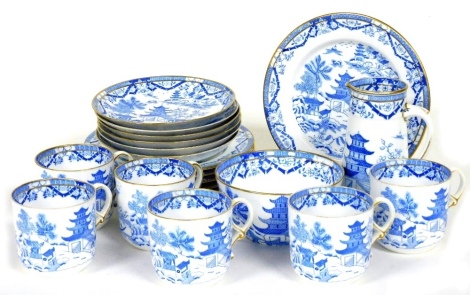 A late 19thC Granger Worcester porcelain part tea service, decorated in blue and white with a chinoiserie pattern, within gilt borders, shield mark, comprising cream jug, sugar bowl, bread plate, six tea cups, saucers and plates.