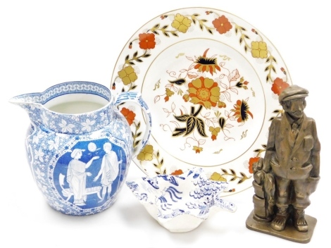 A 19thC blue printed jug, printed with Etruscan designs, a 19thC Willow pattern leaf shaped pickle dish, a Royal Crown Derby Imari pattern plate decorated with flowers, and a Trudy Stevens figure of a vintage golfer.