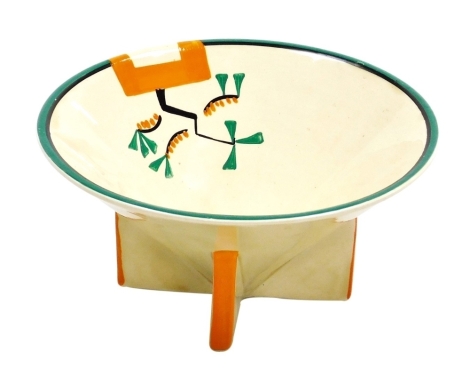 A Clarice Cliff Bizarre Ravel pattern bowl, of conical shape decorated in green, black and orange, printed marks, 15cm diameter.