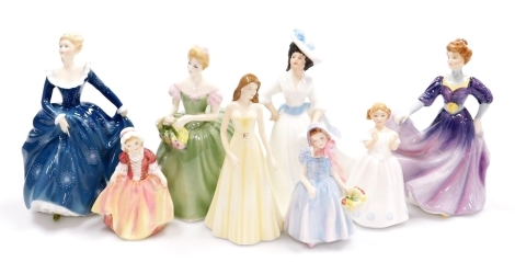 Eight Royal Doulton porcelain figures, comprising Margaret HN2397, Wendy HN2109, Libra HN5343, Catherine HN3044, Jacqueline HN2333 (AF), Dinky Doo HN2120 (AF), Fragrance HN2334, and Clarissa HN2345.