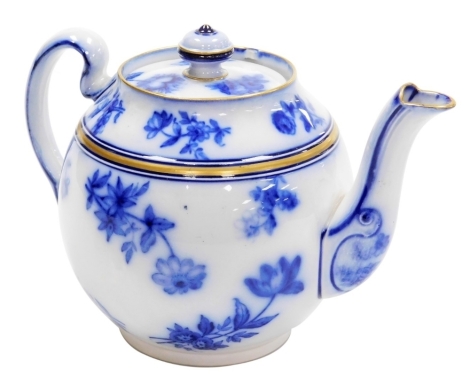 A Macintyre and Co teapot and cover, of bullet shaped form, decorated with blue transfer printed flowers against a white ground with gilt highlights, printed marks, 14cm high.