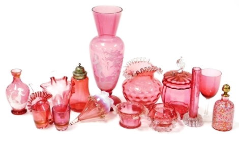 A group of Victorian and later cranberry glass, to include jar and cover, 17cm high, glass, 12cm high, sifter with plated lid, 14cm high, two open salts, vase with acid etched decoration, 28cm high, etc. (1 tray)