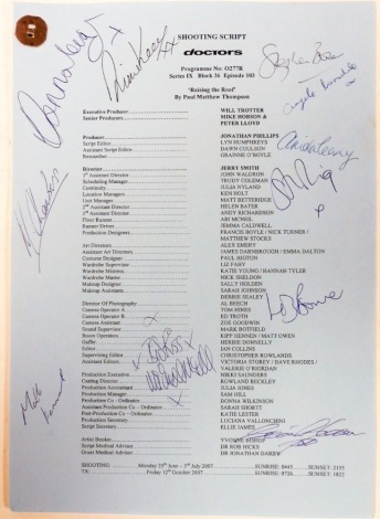 A shooting script for Doctors, series IX, block 36, episode 103, "Raising The Roof", by Paul Matthew Thompson, signed by Diane Keen, Sean Gleeson, Sterling Gallacher, Matthew Chambers, and others.