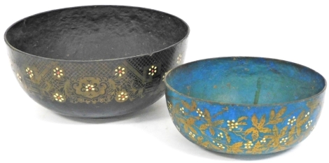 A Thetford Pulp Ware bowl, in black decorated with flowers, 29cm diameter, another smaller in turquoise, each marked. (2)