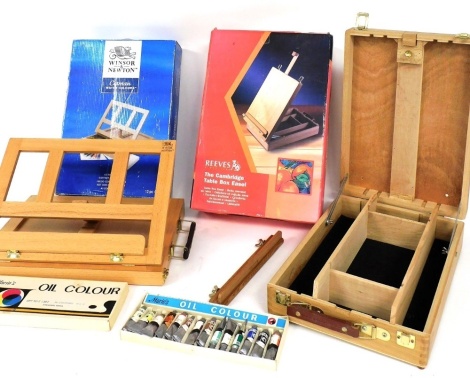 A Winsor & Newton easel set, boxed Marie's oil colour paints, 27cm wide, etc. (a quantity)