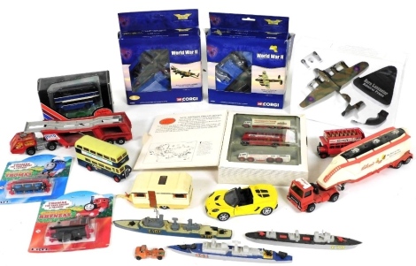 A collection of die cast vehicles, to include Corgi, World War II Avro Lancaster, Fisherman's Friend Transport lorry, etc. (a quantity)