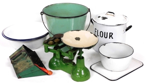 A vintage white and black enamel flour bin, set of scales, other enamel items to include a green bucket, etc. (a quantity)