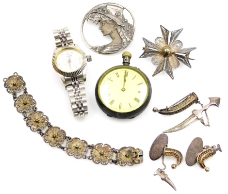 A group of dress jewellery, to include filigree small bracelet, a brooch, an Art Nouveau brooch decorated with a lady, unmarked, silver fob watch, wristwatch, etc. (a quantity)