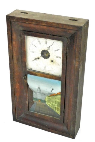 An early 20thC American wall clock, with an enamelled Roman numeral dial, the base with a glass panel depicting a view of St George's Edinburgh, the case 65cm high,