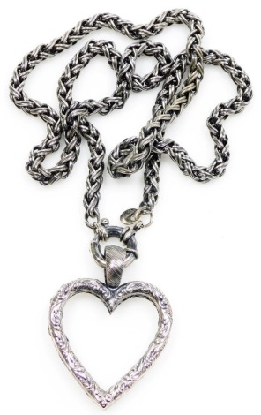 An Ermani Bulatti necklace, with link chain and heart pendant with hammered scroll detailing, the pendant 7cm high, the chain 80cm long, white metal unmarked, 160g.