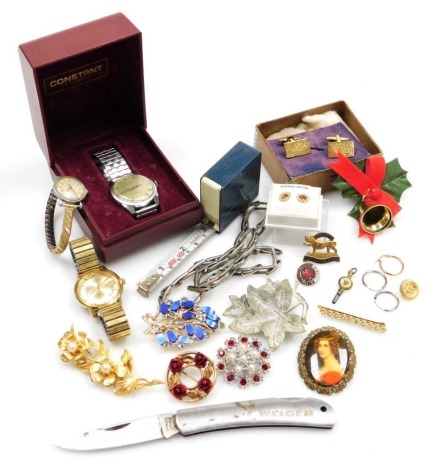 Costume jewellery and effects, Tissot stainless steel cased wristwatch, a Bentina style gold plated wristwatch, pocket knife, a 9ct gold single hoop earring 0.4g, various brooches, etc. (1 tray)