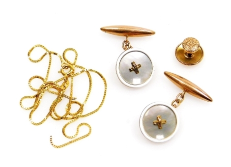 A group of 9ct gold and other jewellery, comprising a 9ct gold box link neck chain, a pair of rose gold and mother of pearl inlaid cufflinks, a collar stud, yellow metal unmarked, 7.1g all in. (AF)