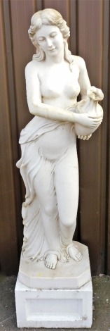 A marble coloured resin garden statue, modelled in the form of a scantily clad Aphrodite holding a vase, on associated panel plinth, the figure 150cm high, the plinth 28cm high.