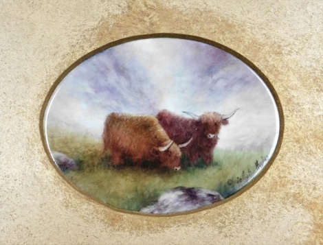 Christopher Hughes (20thC School). Highland cattle, hand painted porcelain plaque, signed, 12cm x 9cm.