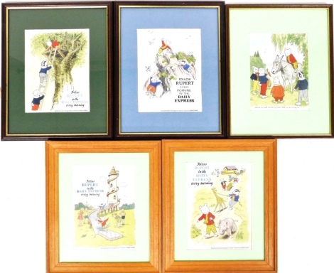 After Paul Schilling. Rupert & Friends with zoo animals, Rupert & Friends with donkey, based on artwork by Alfred E Bestall, 22cm x 17cm each, mounted and framed.