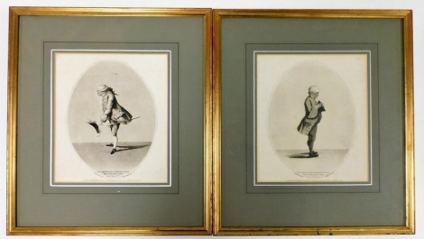 A pair of 18thC engravings by R Rushbrook, of Mr Garrick in the character of Leon, Rule A Wife and Have A Wife, act two scene three and act three scene five, published by J Carey, London 1786, 24cm x 21.5cm.