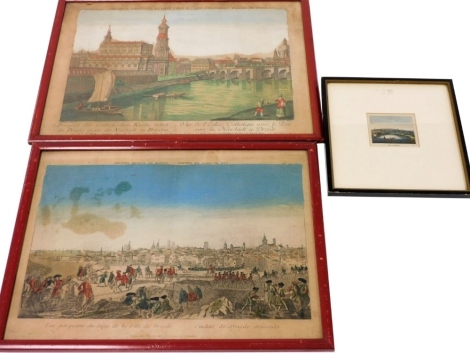 A pair of late 18thC hand coloured engravings of the city of Dresden, engraved by Nabholz, published Paris, 31cm x 42cm, together with a further engraving of Dresden, page ninety nine, 6.5cm x 7.5cm. (3)