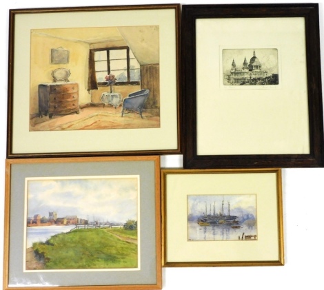 Margaret Foster (20thC British School). Interior scene, watercolour on paper, 27cm x 34cm, 20thC British School, townscape and river scene, watercolour on paper, unsigned, 21.5cm x 28cm, after Bruce Irving?, St Pauls Cathedral, signed engraving, 10cm x 14