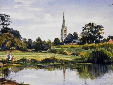 Terry Shelbourne (1930-2020). St Wulfram's Church Grantham from Riverside Walk Manthorpe Road, watercolour on paper, signed, 19cm x 21.5cm.